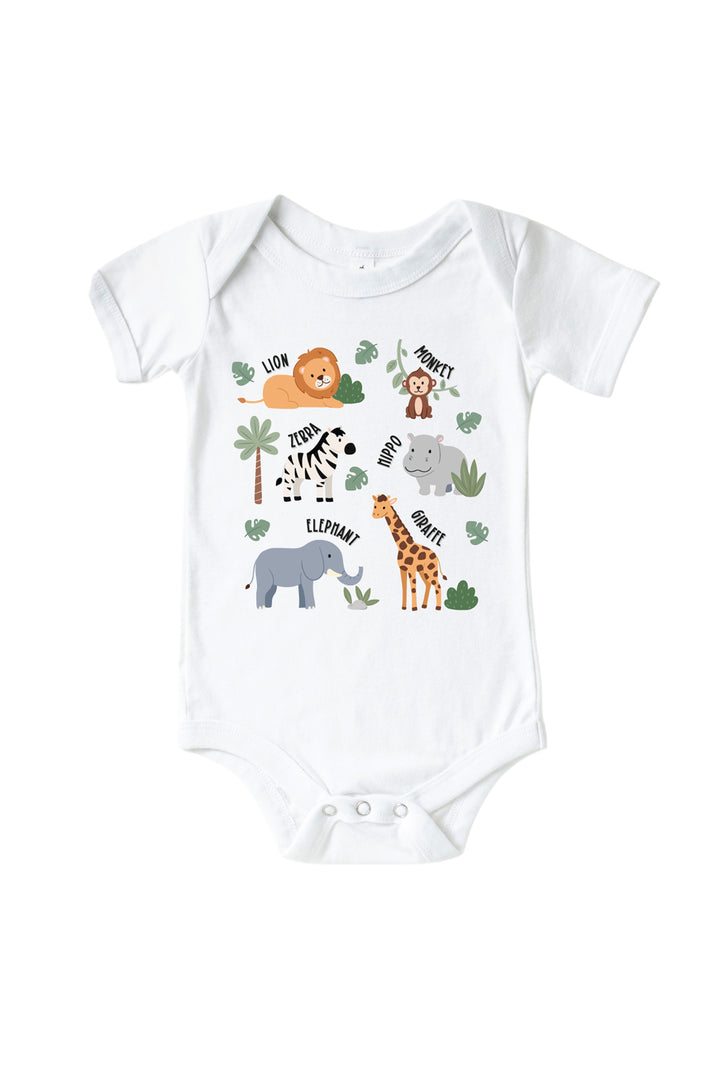 Caden Lane white baby bodysuit with a safari animal chart print — lion, monkey, zebra, hippo, elephant, and giraffe with labels.