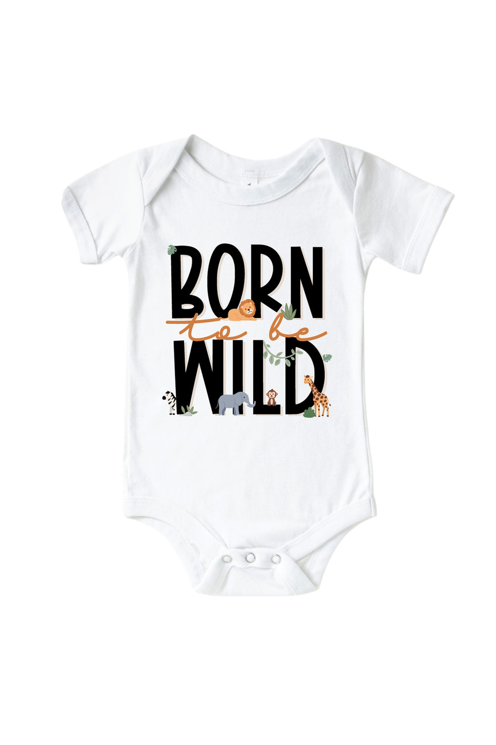 Caden Lane white baby bodysuit with "Born to be Wild" printed in black and orange lettering and small safari animal illustrations.