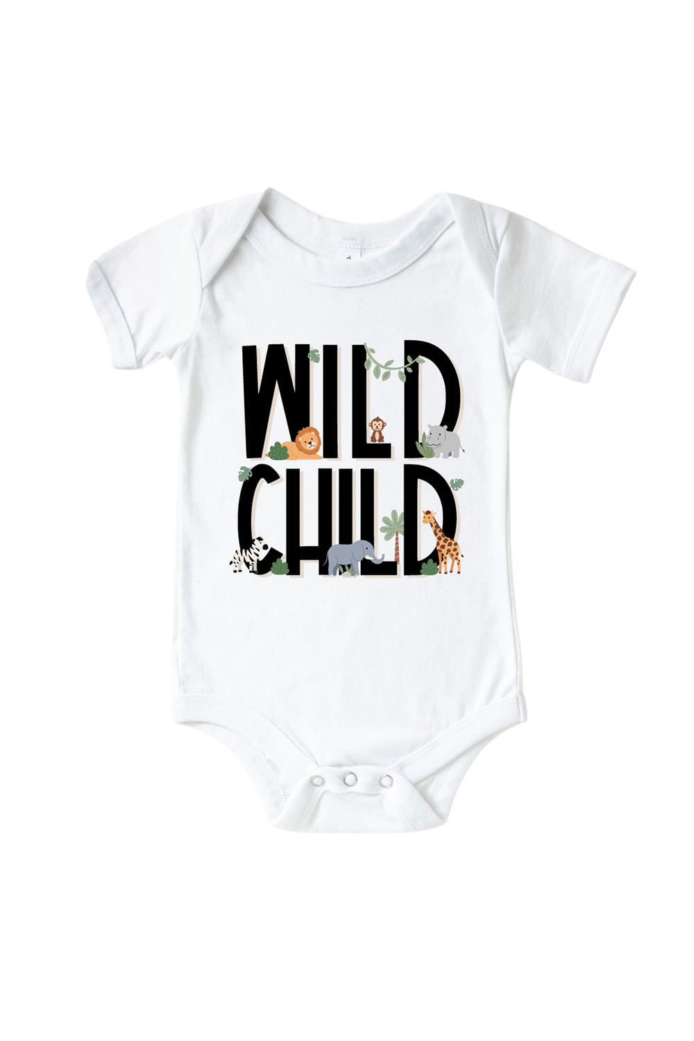 Caden Lane white baby bodysuit with "Wild Child" printed in black letters and small safari animal illustrations.
