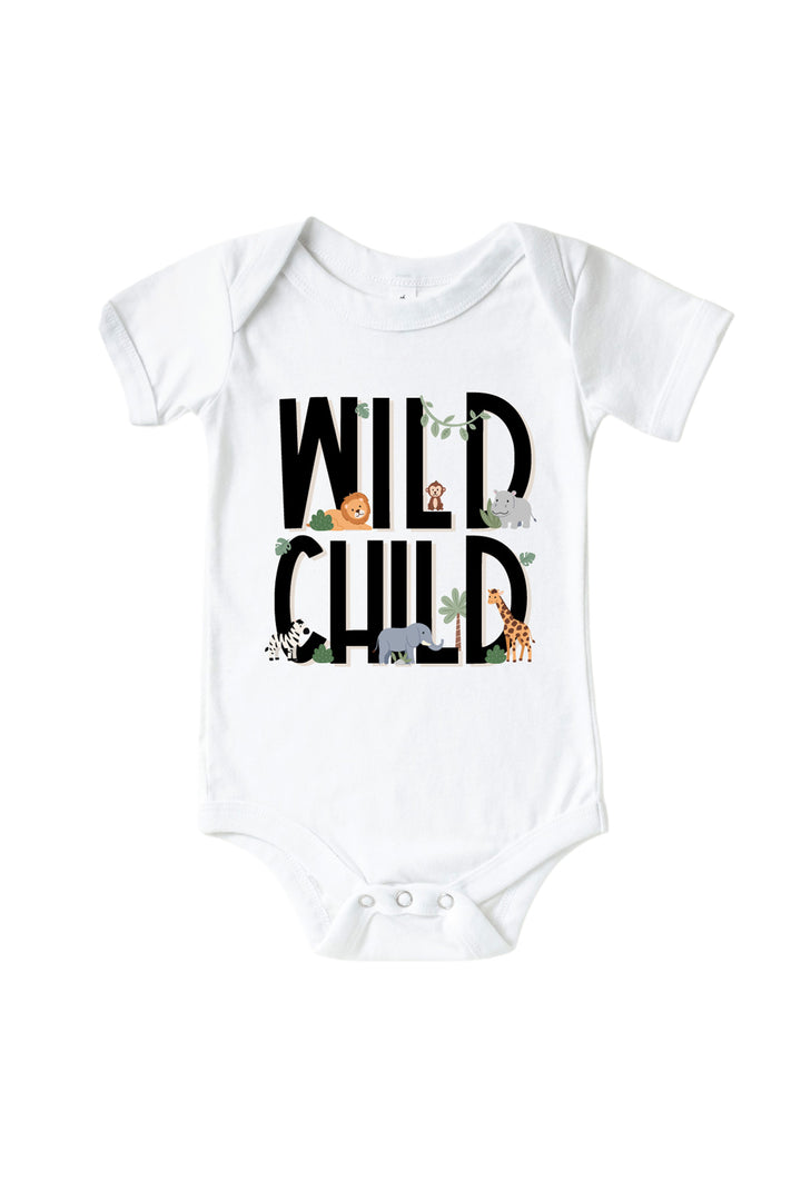 Caden Lane white baby bodysuit with "Wild Child" printed in black letters and small safari animal illustrations.