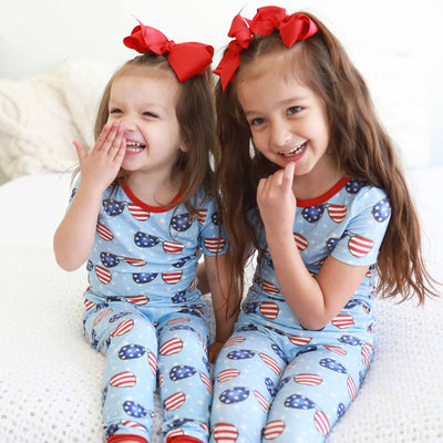 flag sunglasses two piece pajama set for kids made of bamboo for the fourth of july 