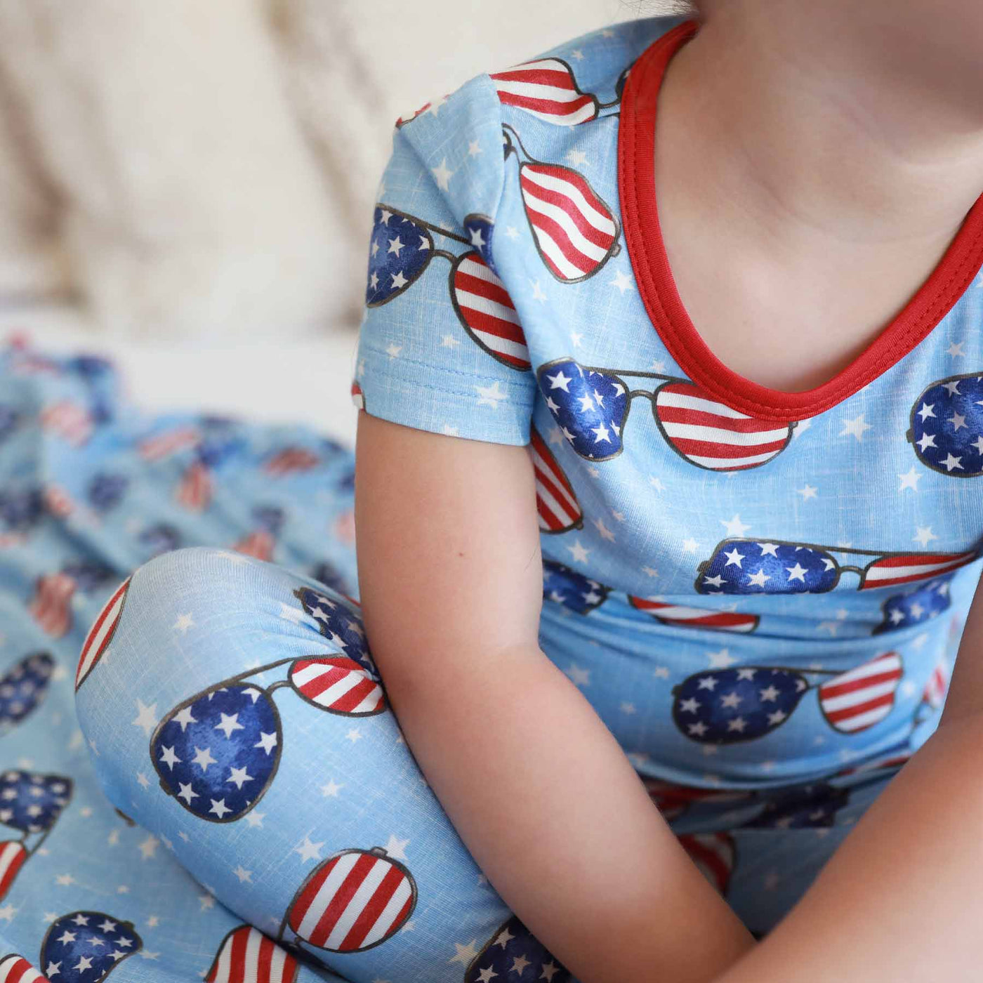 red, white and blue flag sunglasses short sleeve pajama set for kids 