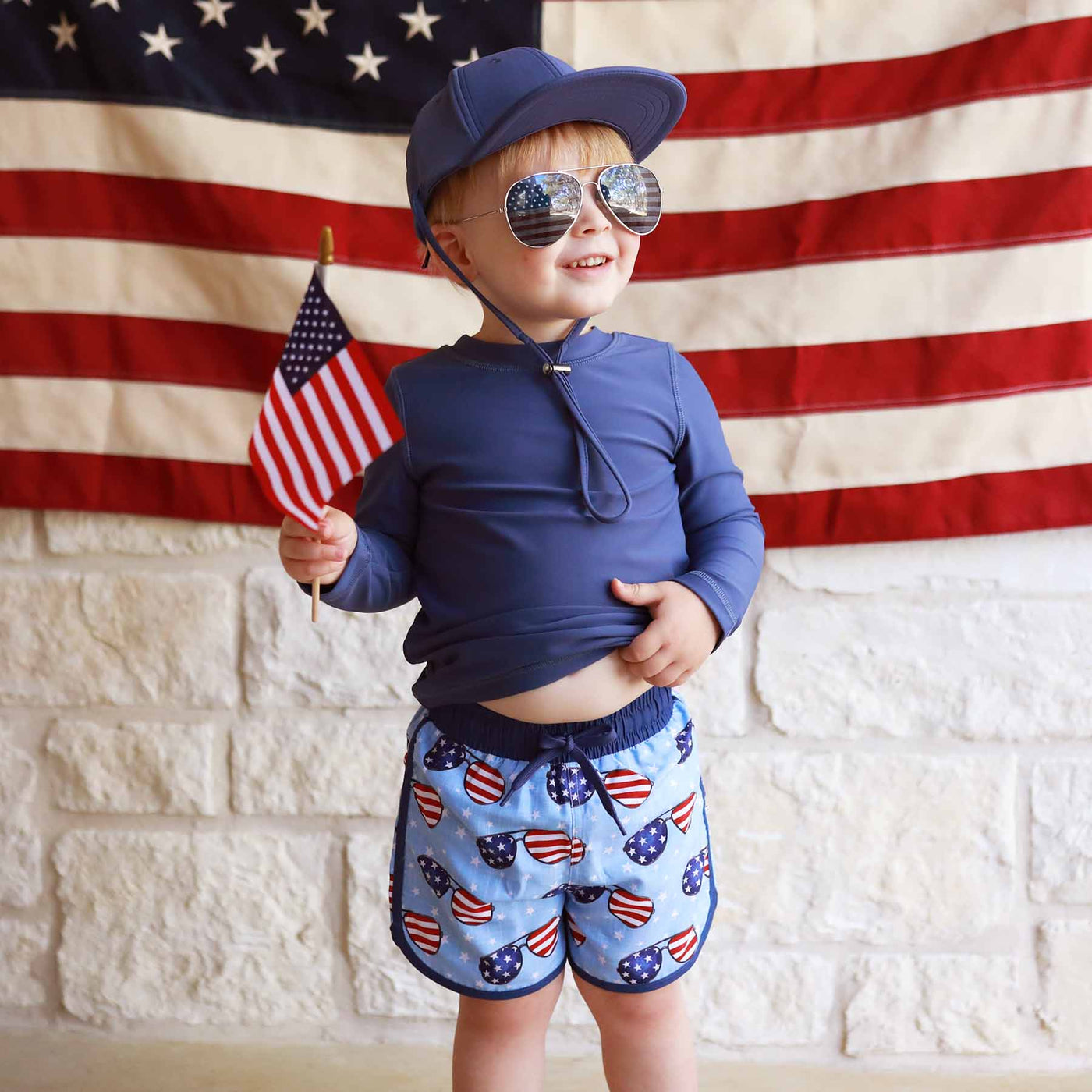 boy's swim trunks for 4th of july with sunglasses patriotic summer