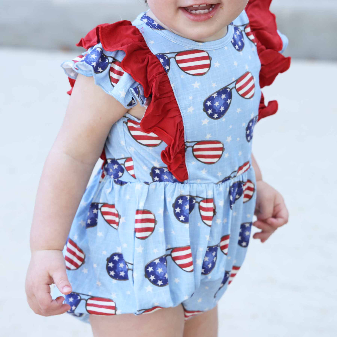fourth of july sunglasses ruffle bubble outfit for babies 
