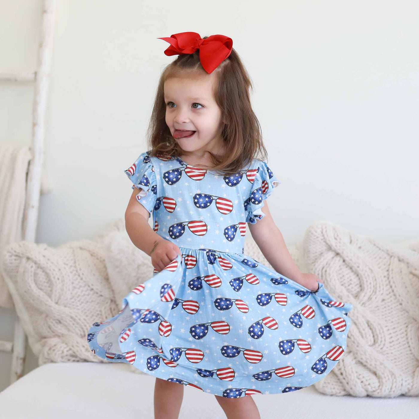 lightweight fourth of july dress for kids with flag sunglasses 