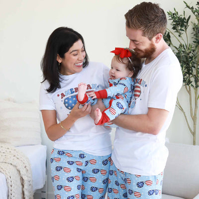 matching family pajamas red, white and blue sunglasses 