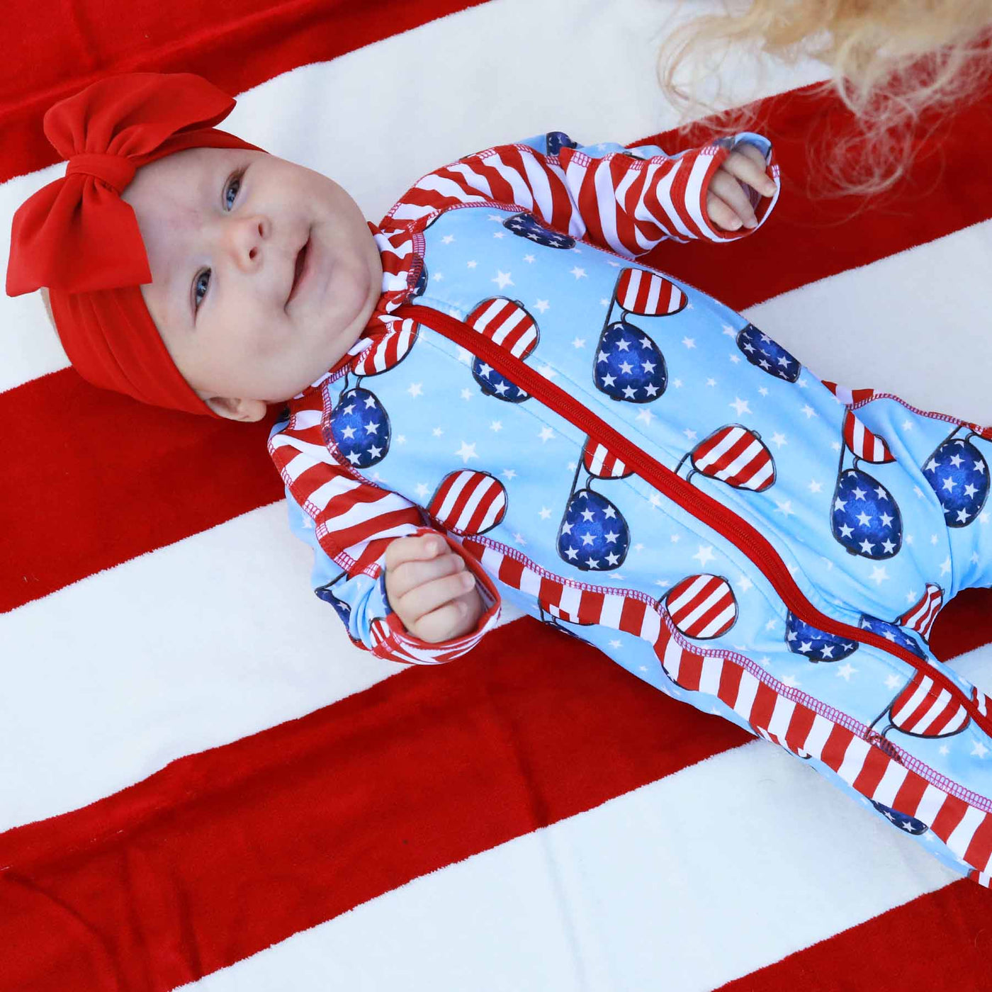 4th of july swim romper for babies with flag sunglasses