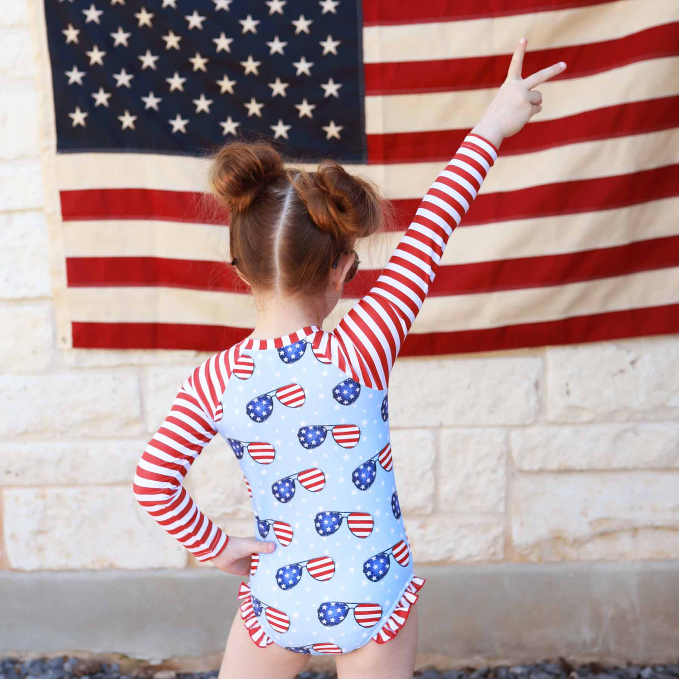 red and white striped sleeve rash guard swimsuit for girls with flag sunglasses