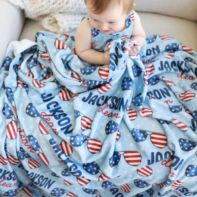 fouth of july kids blanket personalized with name with flag sunglasses 