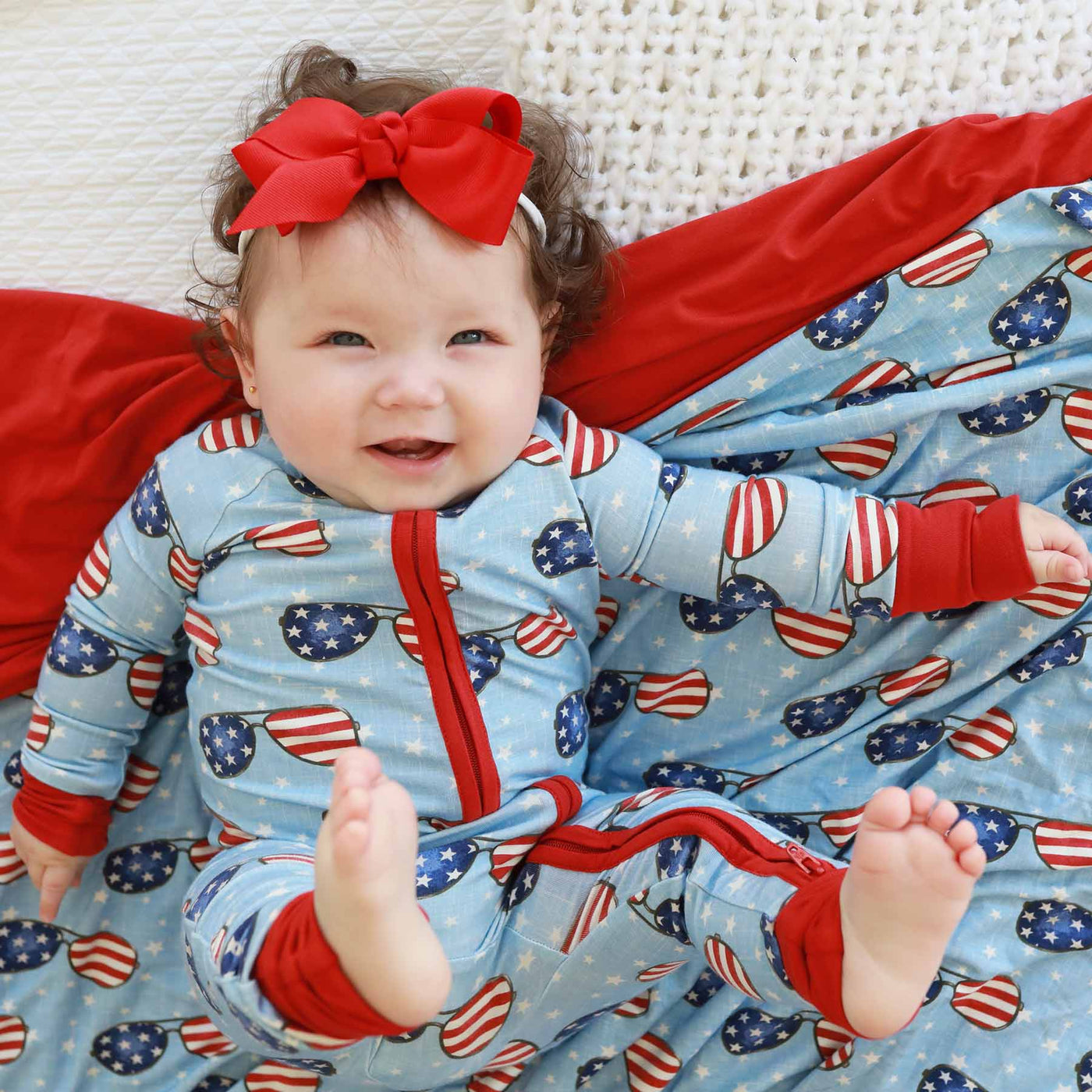 reversible red, white and blue bamboo blanket with flag sunglasses 