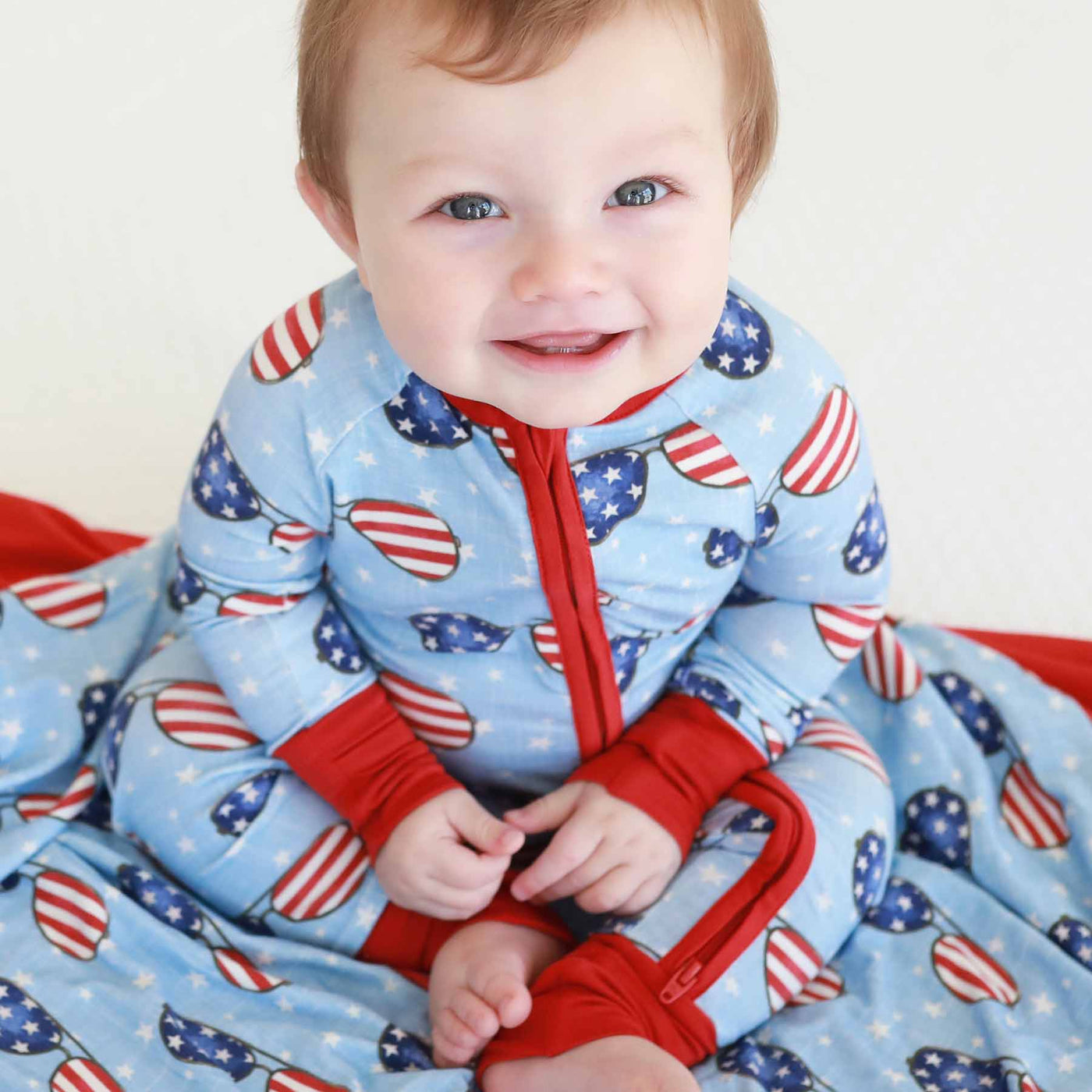 fourth of july sunglasses pajama romper for toddlers