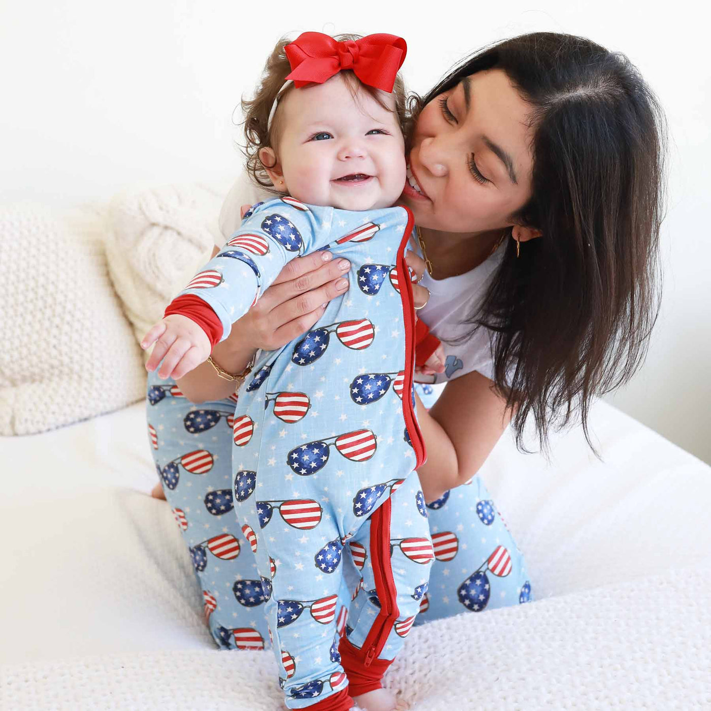 pajama romper for babies with flag sunglasses