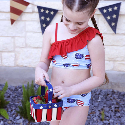 red, white and blue fourth of july one shoulder ruffle bikini for girls 