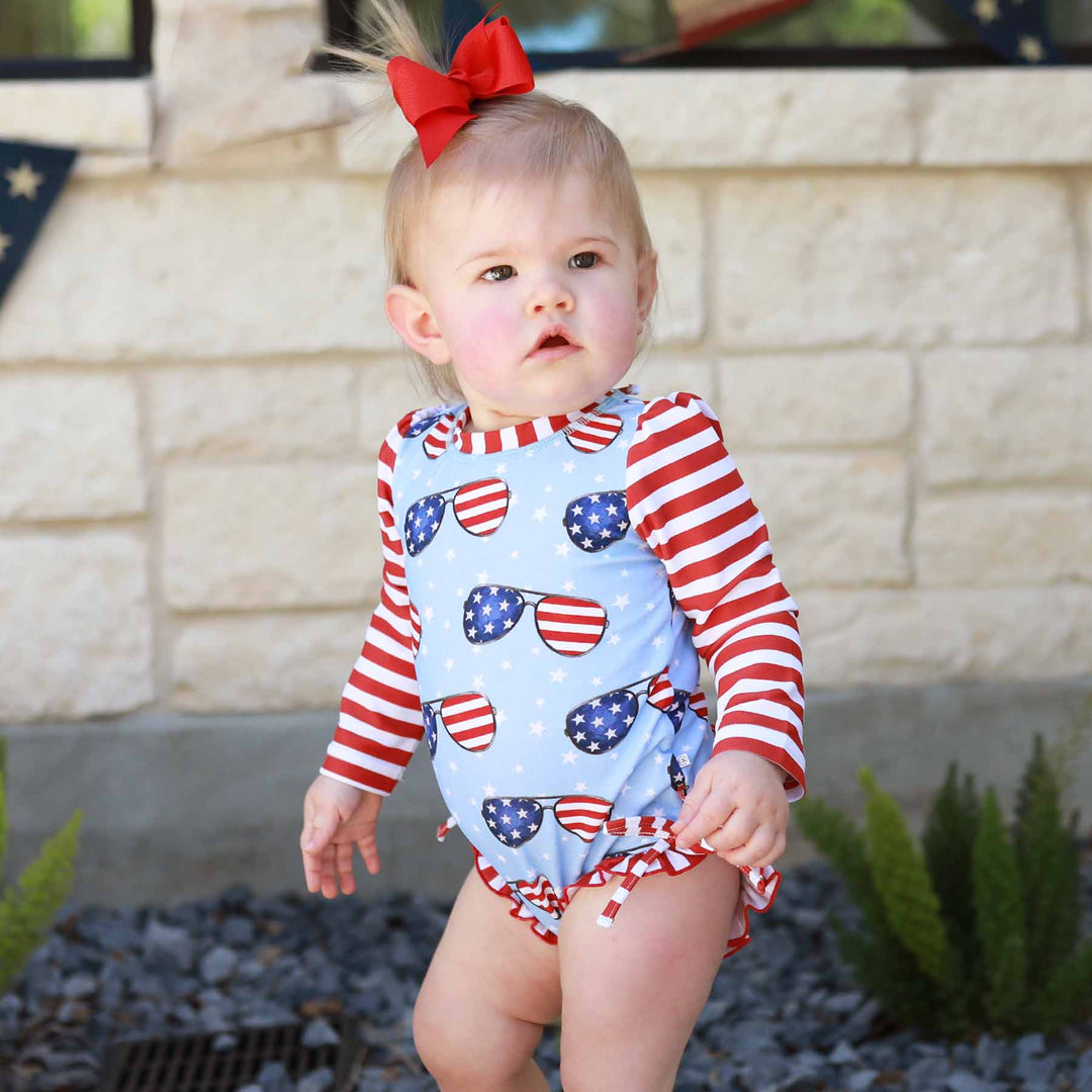 baby fourth of july rash guard swimsuit with sunglasses 