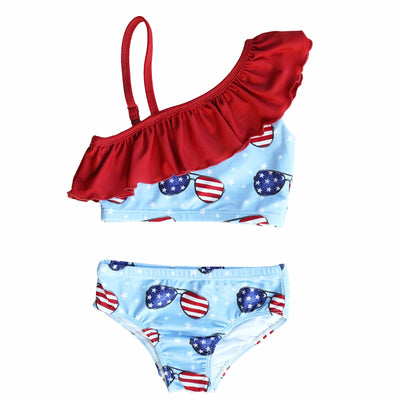 patriotic summer one shoulder ruffle bikini for girls 