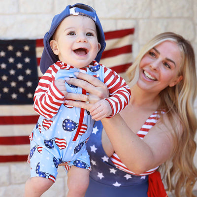 red, white and blue flag sunglasses swim romper shortie for babies 