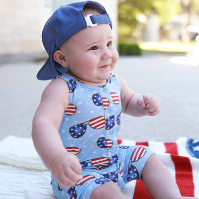 baby sleeveless snap romper with flag sunglasses