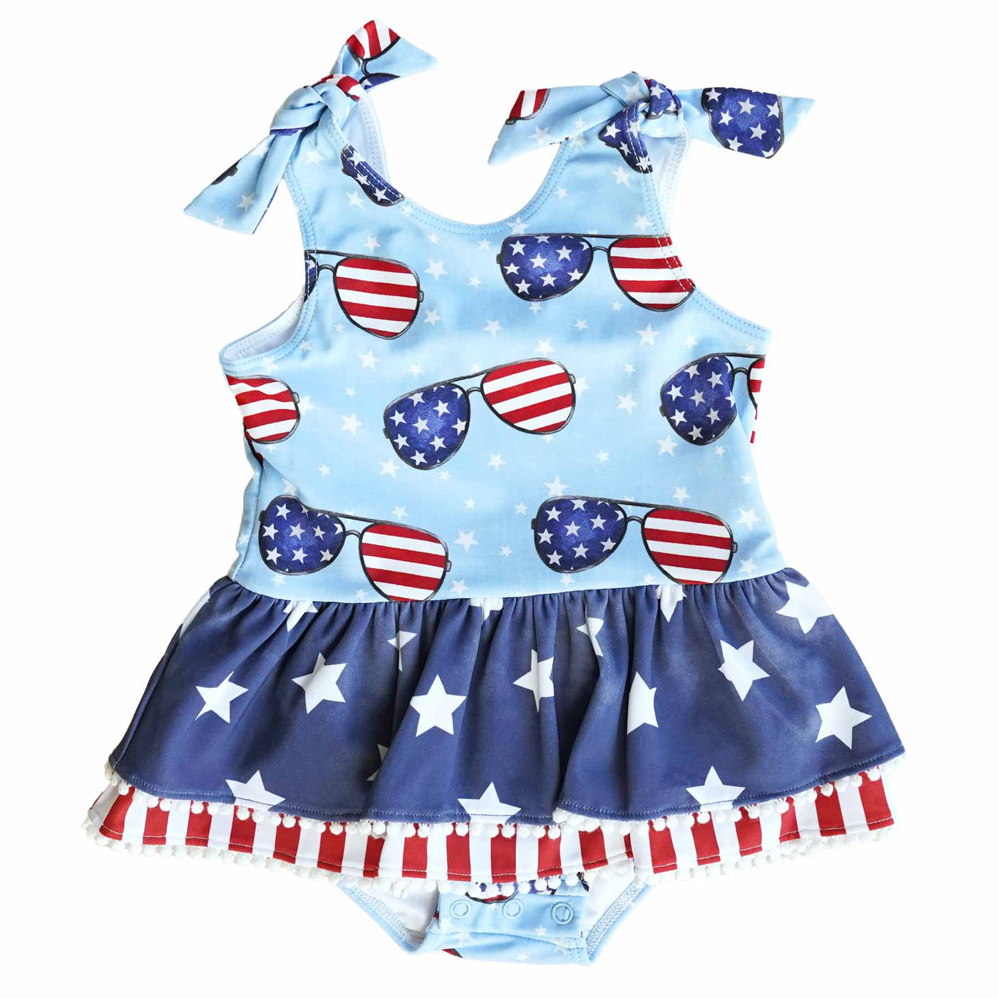 patriotic summer tiered skirt with white pom trim 