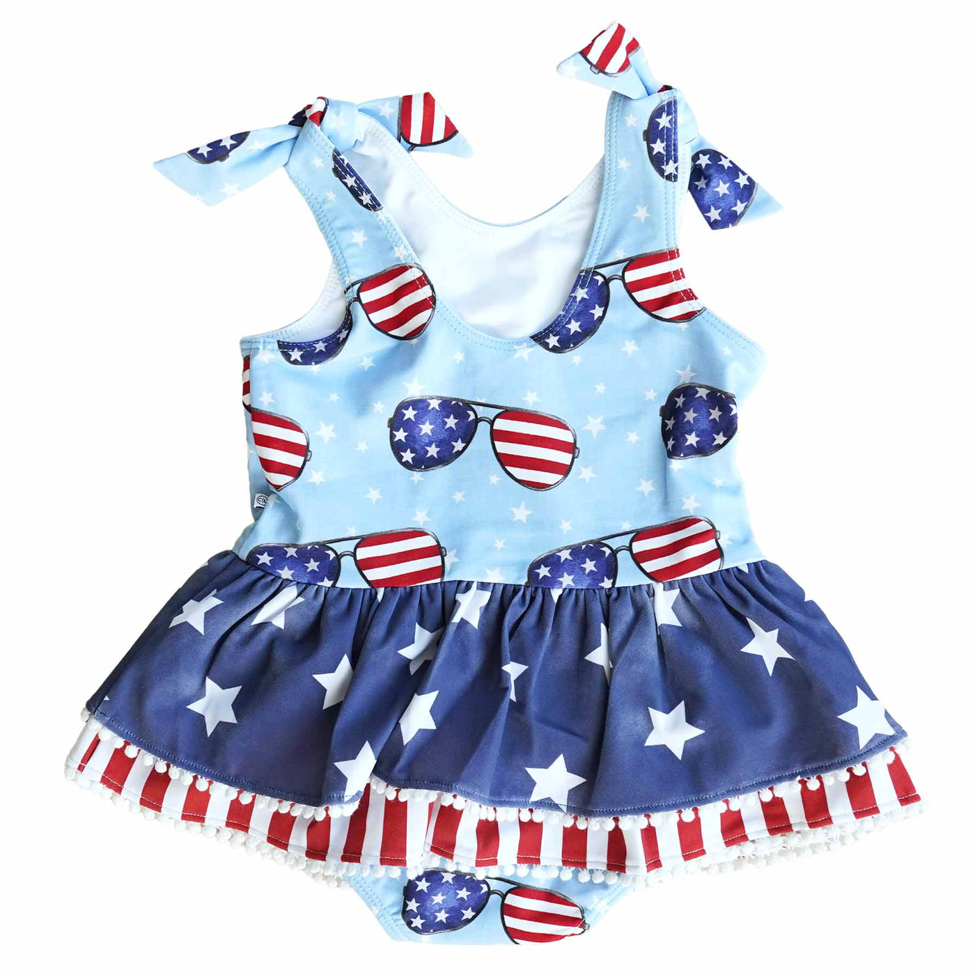 patriotic summer tiered skirt swimsuit with pom trim 