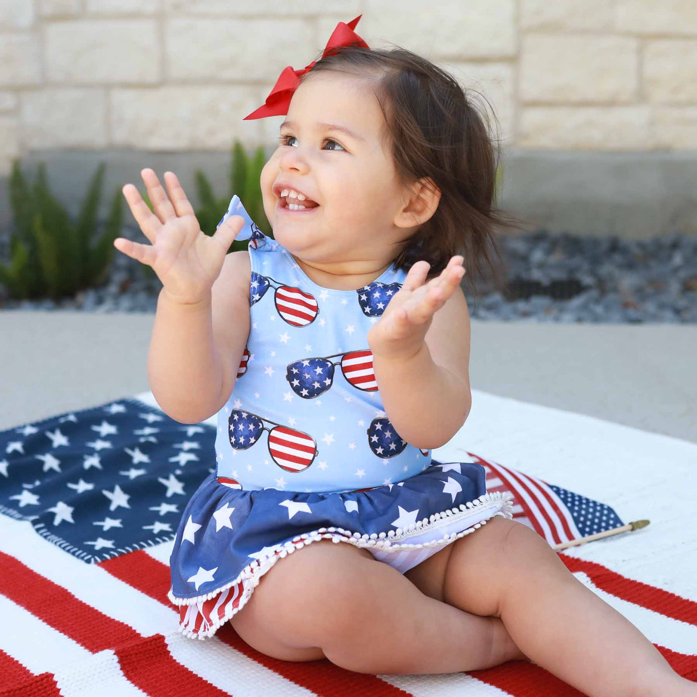 patriotic summer tiered skirt swimsuit with flag sunglasses 