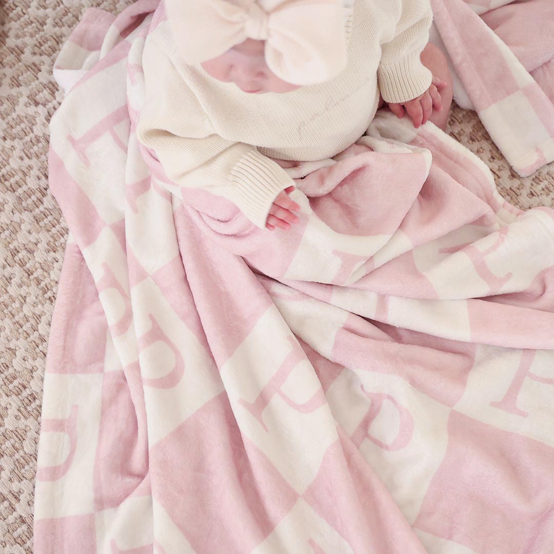 pink checkered print initial kids blanket 