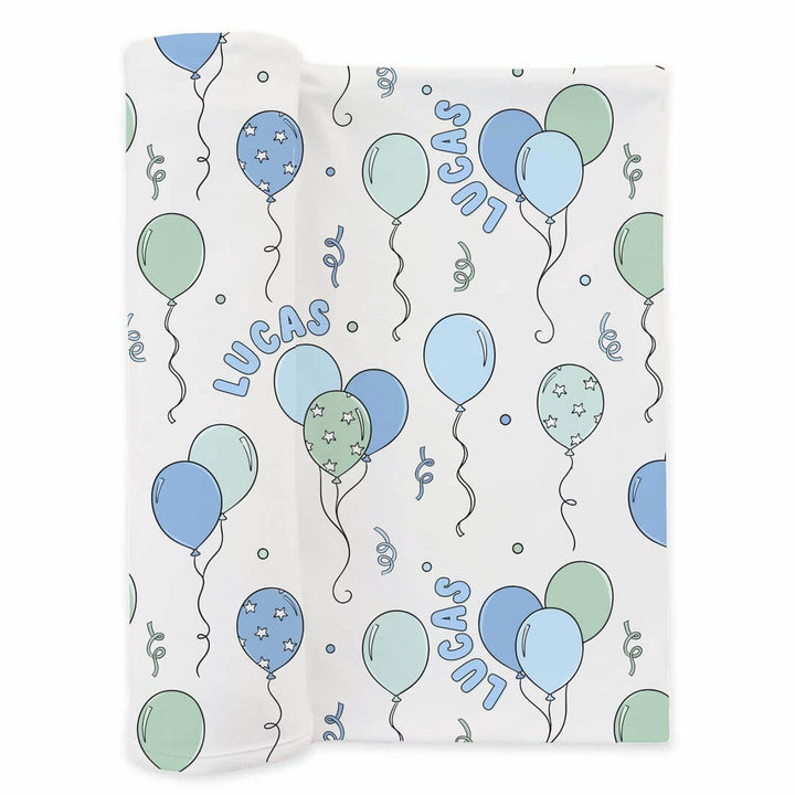 blue and green balloon personalized swaddle blanket for boys 