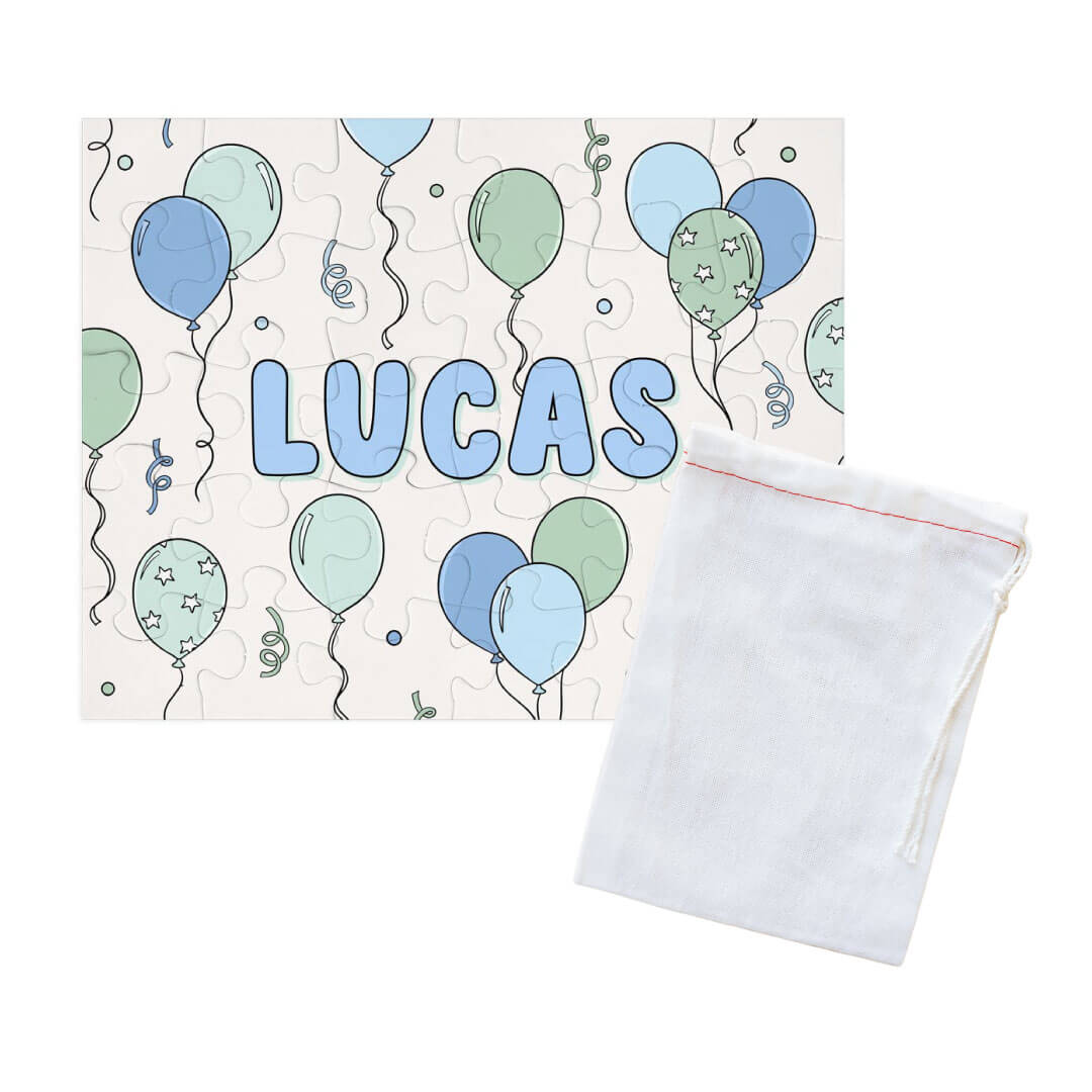 blue and green balloon personalized puzzle for kids with drawstring bag