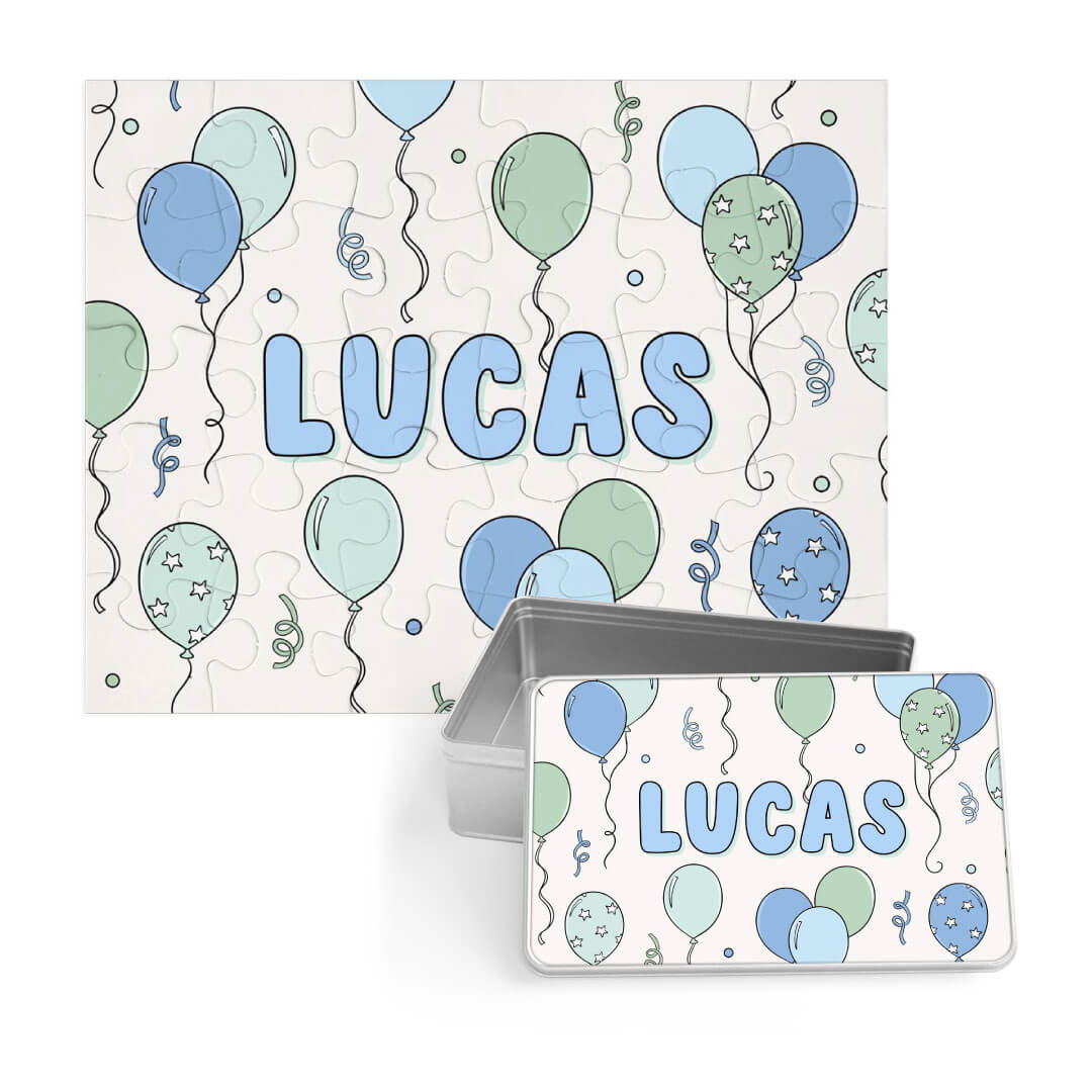 blue and green balloon personalized puzzle for boys with matching tin 