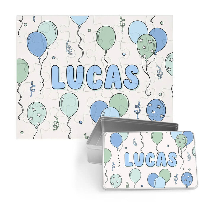blue and green balloon personalized puzzle for boys with matching tin 