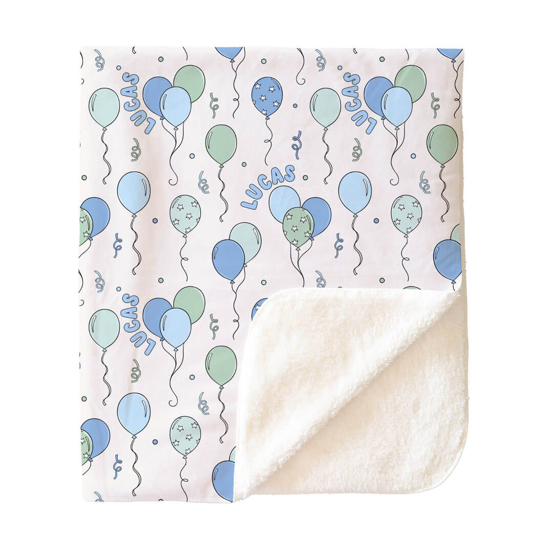 blue and green balloon and streamer personalized sherpa blanket for boys 