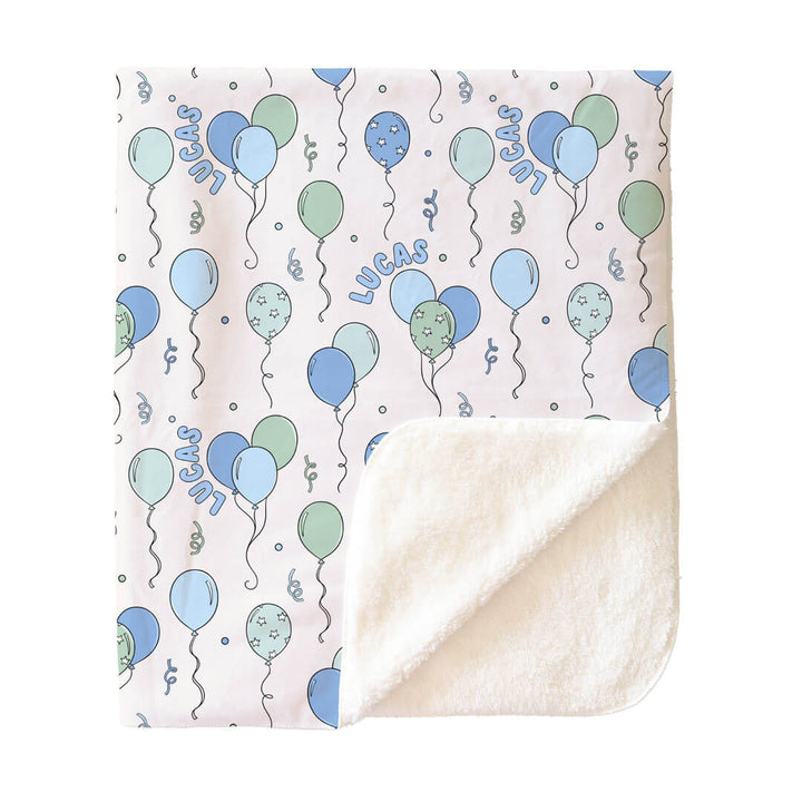 blue and green balloon and streamer personalized sherpa blanket for boys 