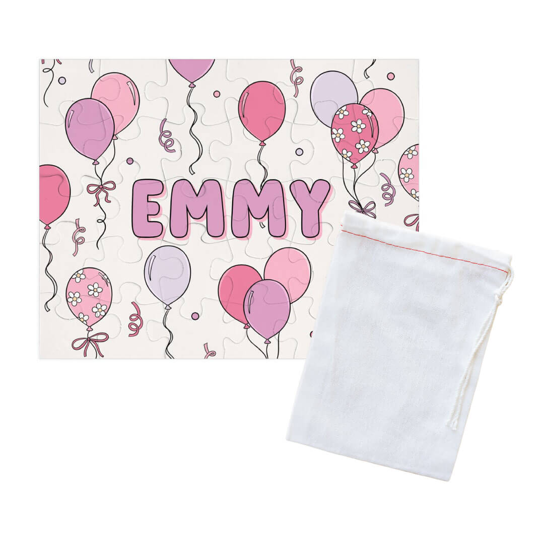 pink and purple balloon personalized puzzle for kids with drawstring bag