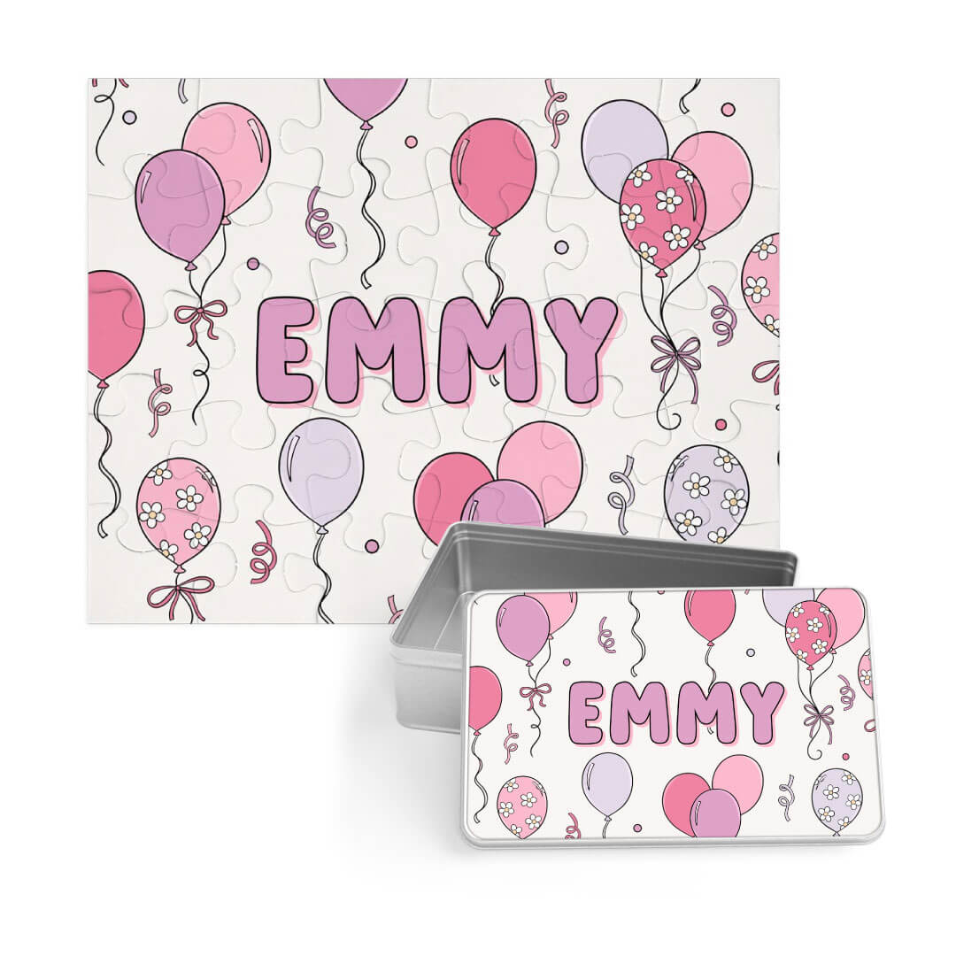 pink and purple balloon personalized puzzle for girls with matching tin 