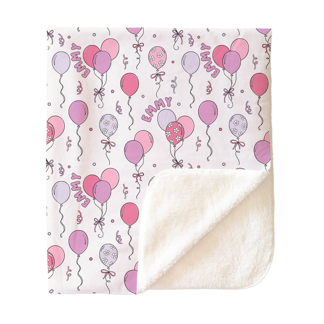 pink balloon personalized sherpa blanket for girls 