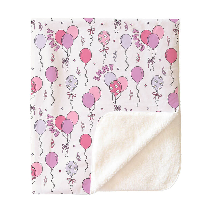 pink balloon personalized sherpa blanket for girls 