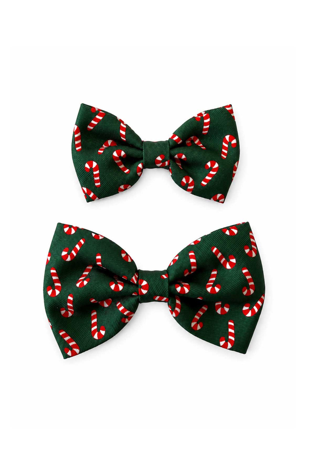 Two Lane & Leash Peppermint Stroll dog bow ties in dark green candy cane print, shown in small and large sizes on a white background