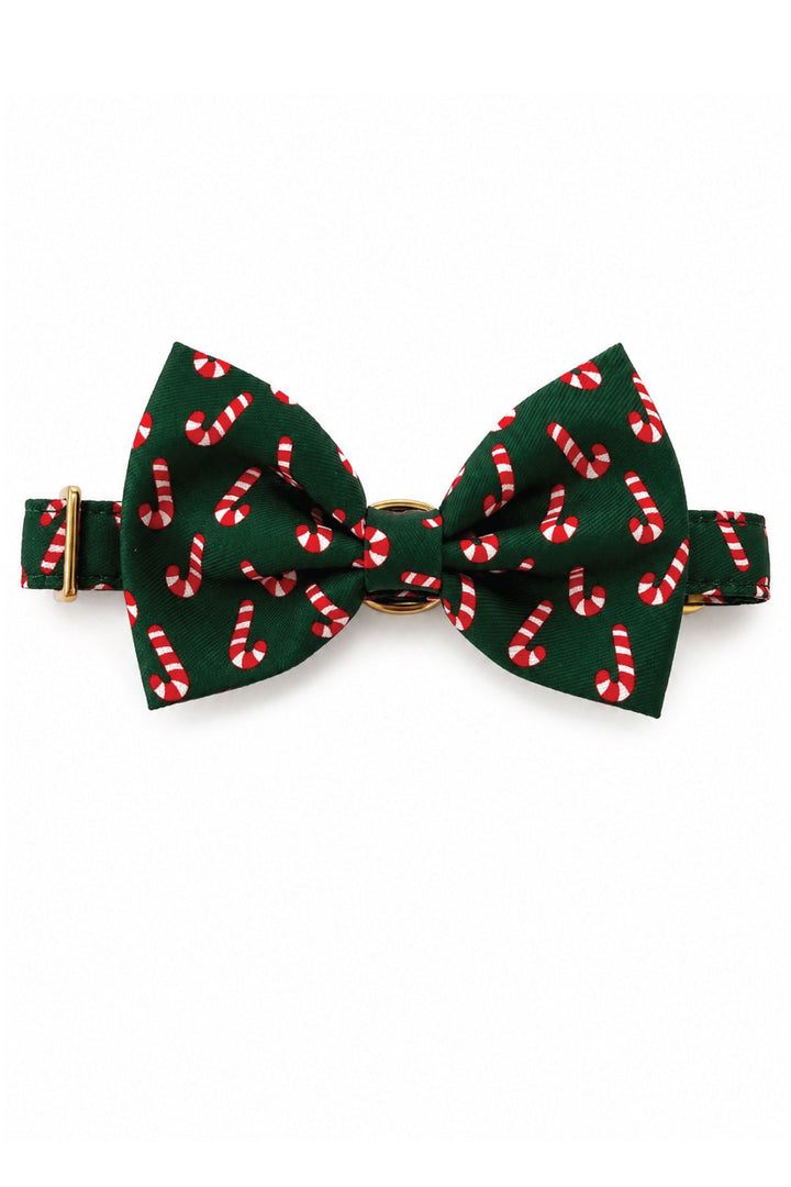 Lane & Leash Peppermint Stroll dog bow tie and collar in dark green candy cane print, shown in small and large sizes on a white background