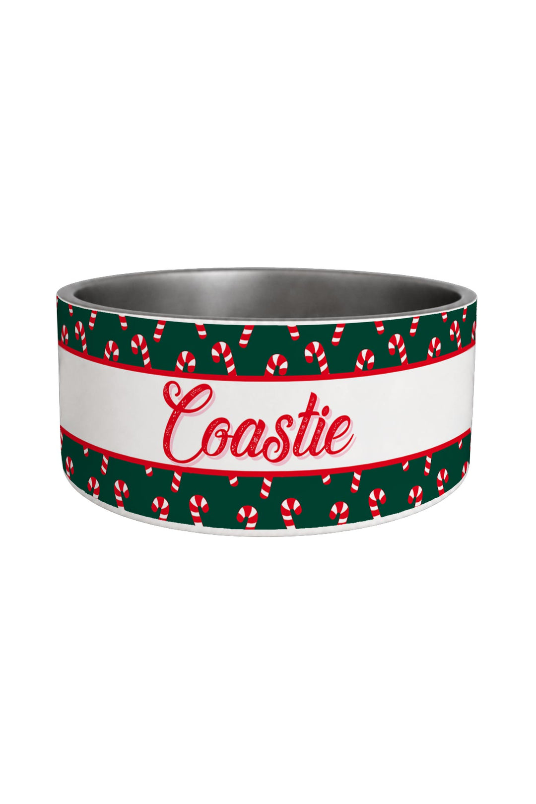 A Lane & Leash personalized stainless steel pet bowl with a festive holiday design. The exterior features a dark green band with a repeating red and white candy cane pattern, a central white band with the name 'Coastie' written in red cursive, and thin red borders on either side.