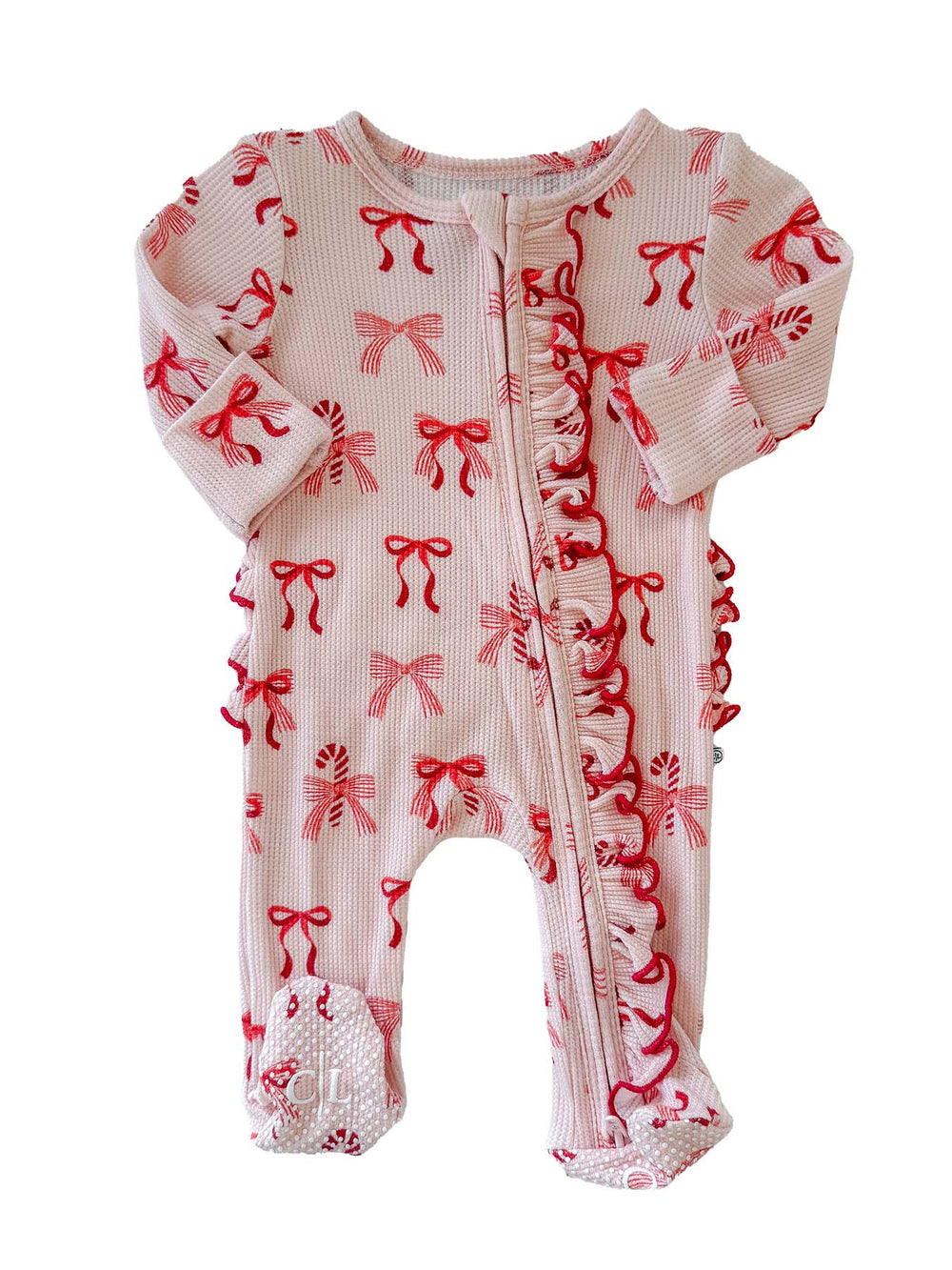 Caden Lane Peppermint Bows Bamboo Waffle Zipper Ruffle Footie featuring festive red bows, candy canes, ruffle trim, and a full-length zipper.