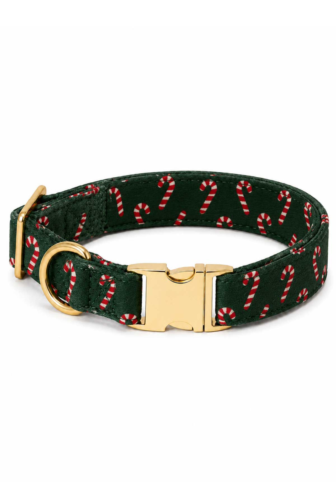 Lane & Leash Peppermint Stroll dog collar in dark green with candy cane print, and a gold buckle