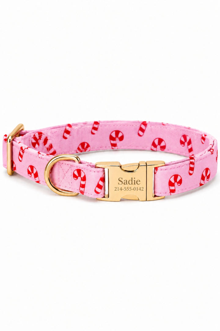 Lane & Leash Peppermint Stroll dog collar in pink with candy cane print, featuring a gold engraved buckle personalized with a name and phone number