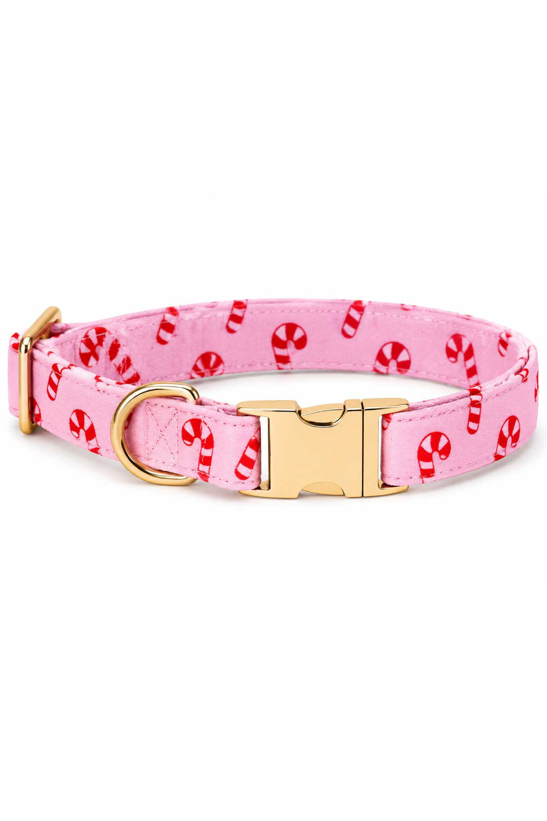 Lane & Leash Peppermint Stroll dog collar in pink with candy cane print, featuring a gold buckle 