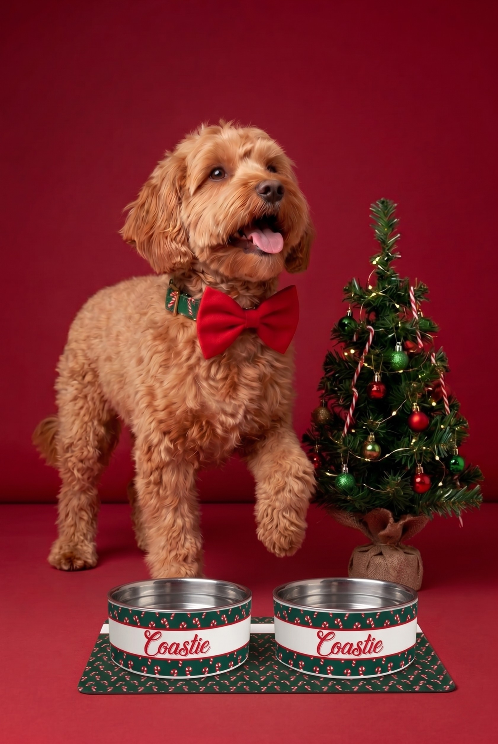 A golden doodle dog wearing a Caden Lane red bow tie stands on a red studio background next to a decorated Christmas tree, with two Lane & Leash custom pet bowls on a matching holiday mat in the foreground. 