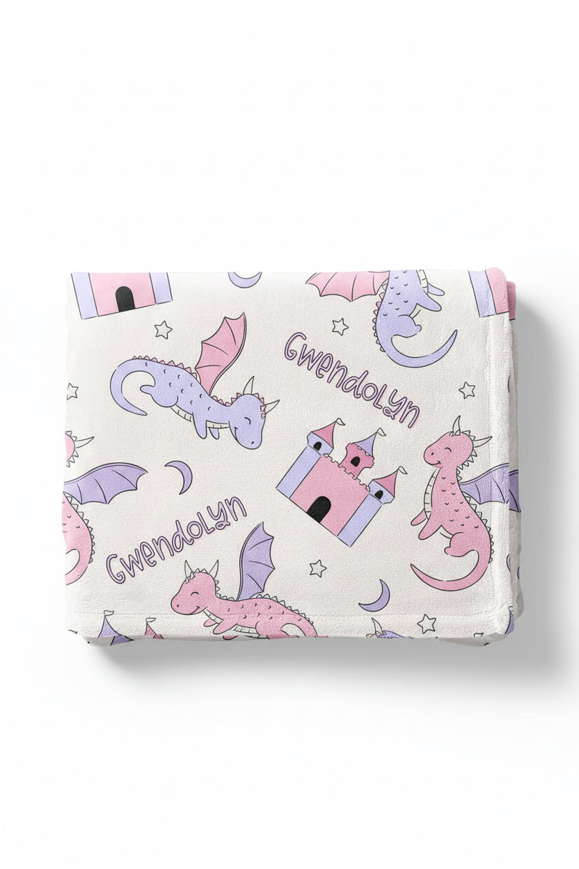 pink and purple dragon and castle personalized kids blanket 