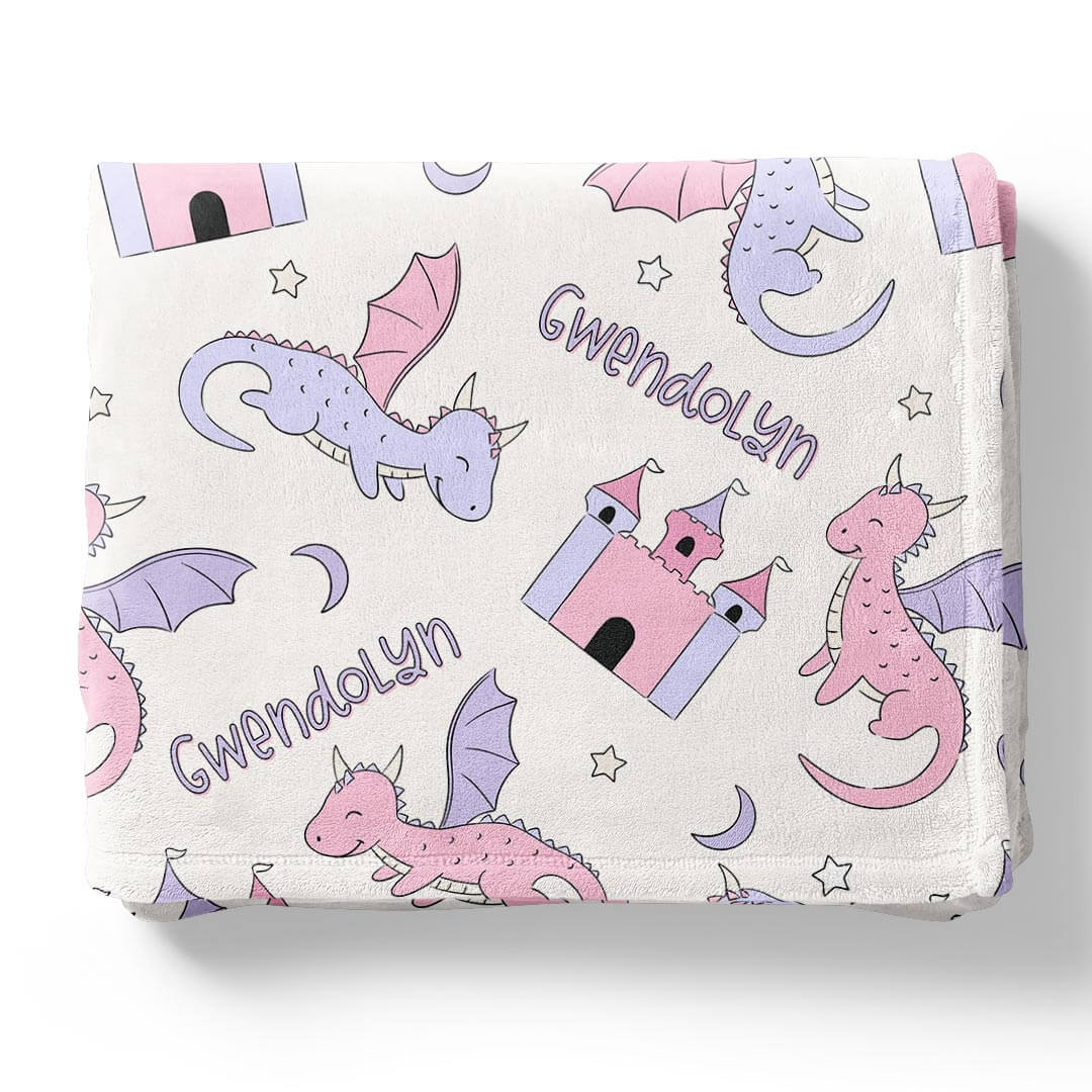 pink and purple dragon and castle personalized kids blanket 