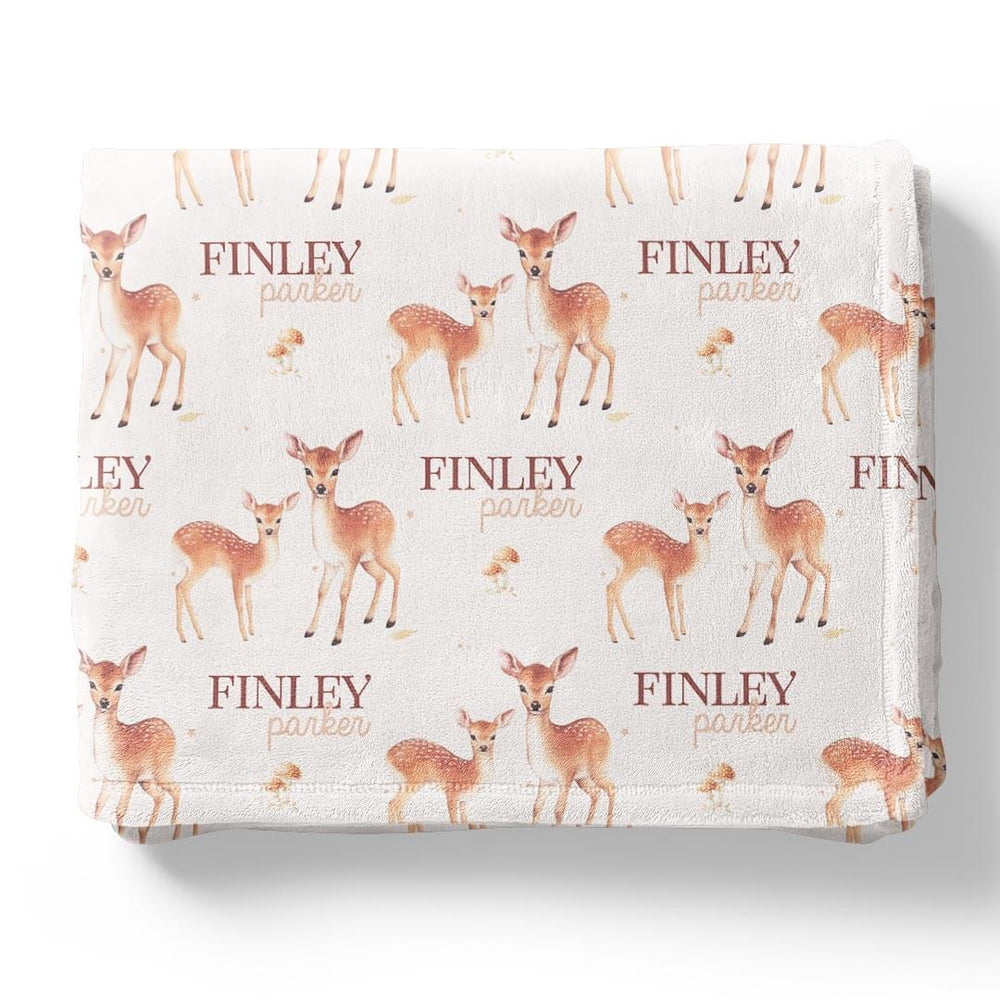 fawn and mushroom gender neutral personalized blanket for kids 