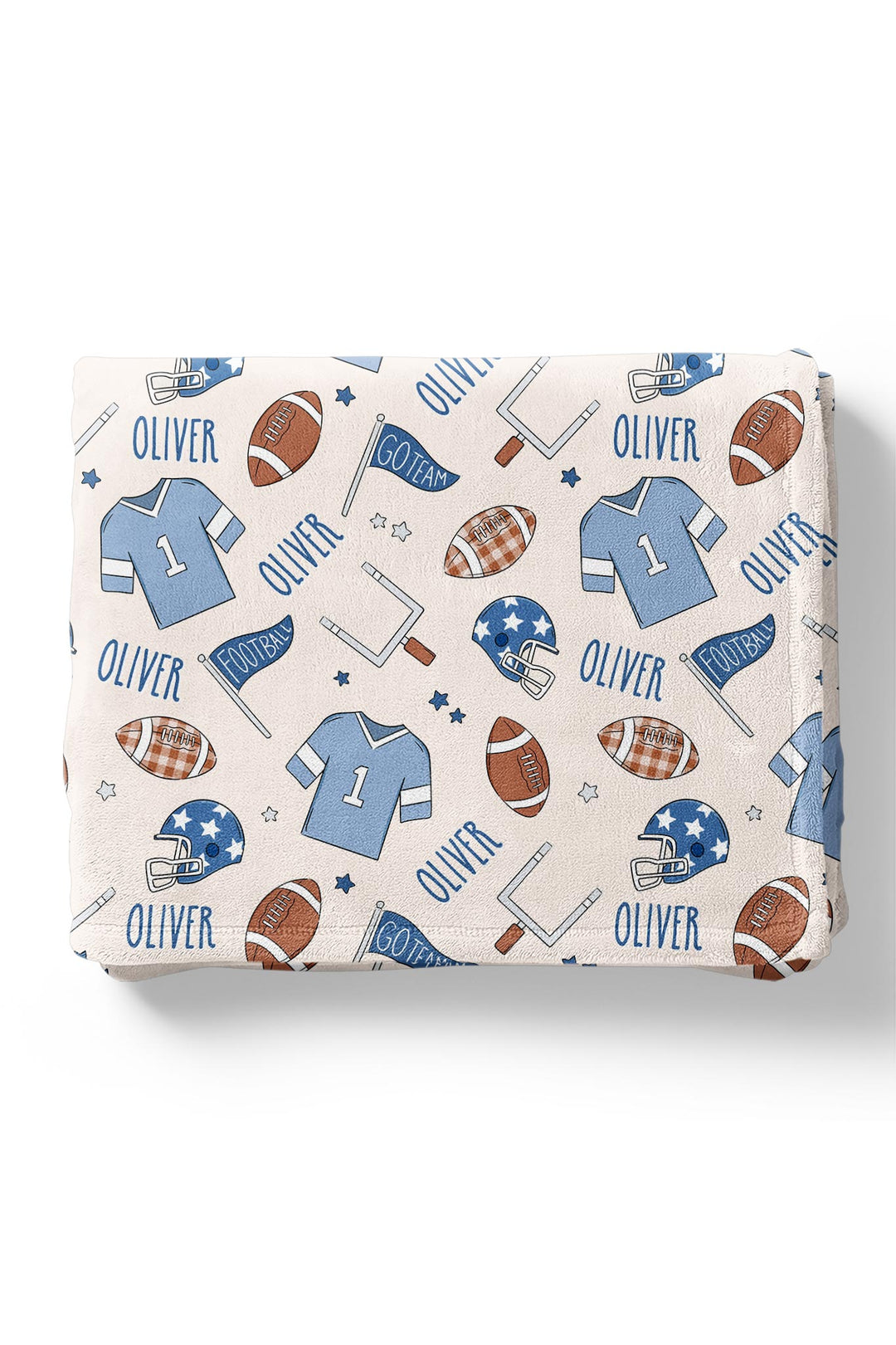 Caden Lane personalized baby blanket in blue football print, folded, featuring footballs, jerseys, helmets, goal posts, and the custom name "Oliver.
