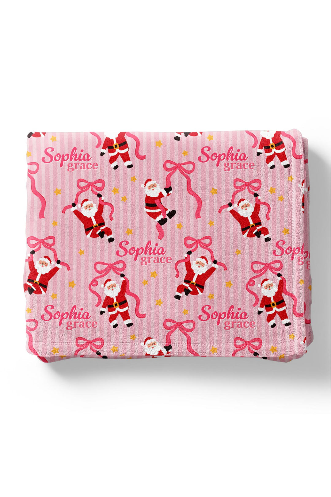 Caden Lane Personalized Name Christmas Blanket in the Jolly Ribbons print featuring custom name personalization, festive Santa and ribbon design, and ultra-soft holiday blanket for babies and kids.