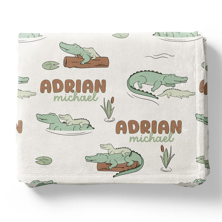 personalized blanket for kids with alligators floating on logs 