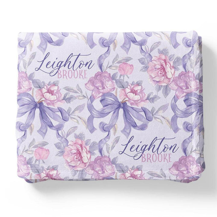 pink and purple flower and bow personalized blanket for girls 